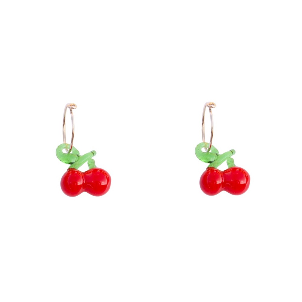 Colorful Glass Cherry Charm Gold Hoop Earrings - Picture 2 of 7